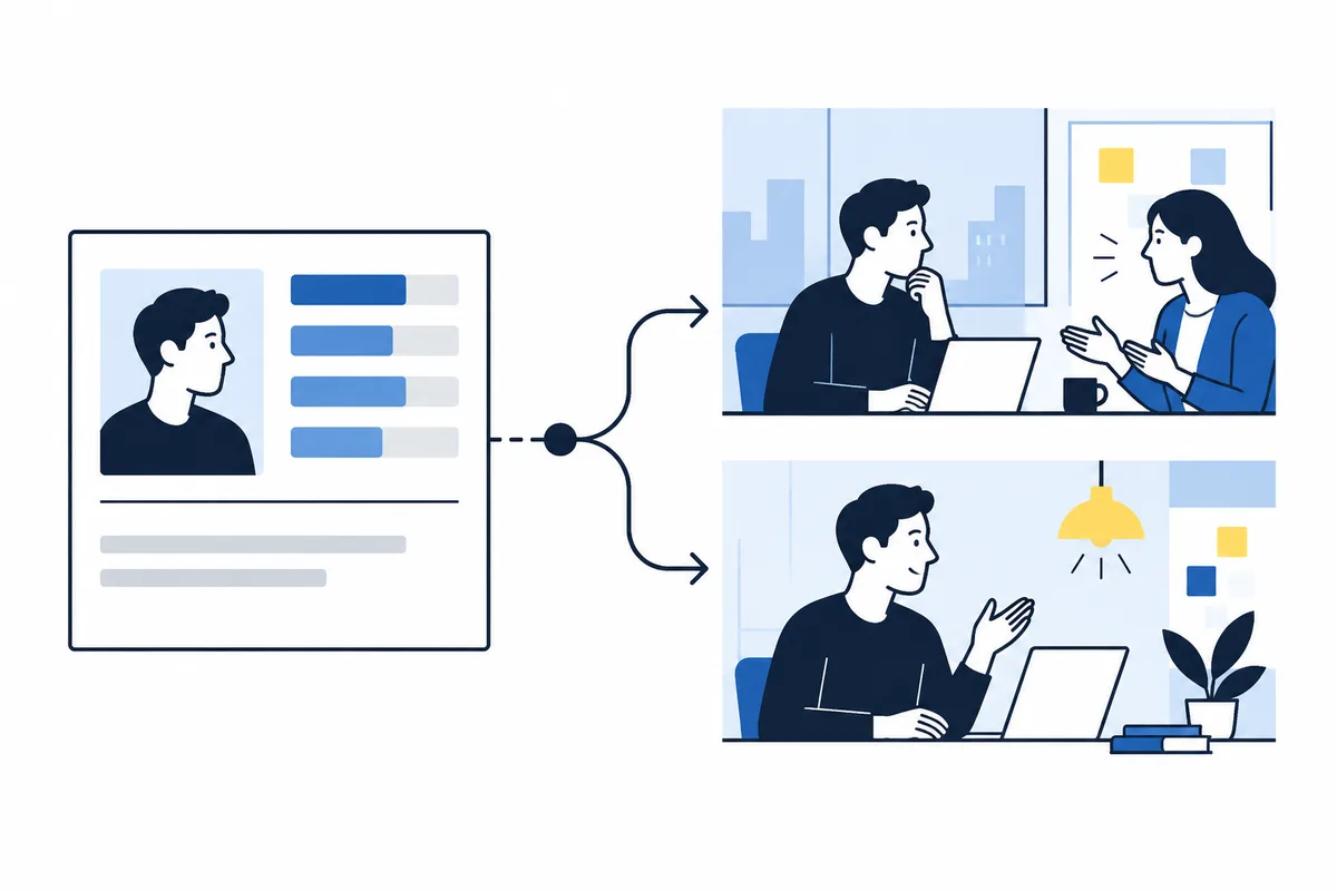 Flat illustration of a card with a portrait and horizontal bars branching with arrows to two different office scenes.