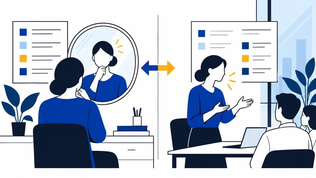 Flat illustration split into two office scenes: at left, a seated person faces a large circular mirror with another figure inside; at right, a seated person gestures toward several coworkers. Simple report panels, plants, and blue and yellow arrows appear between the scenes.