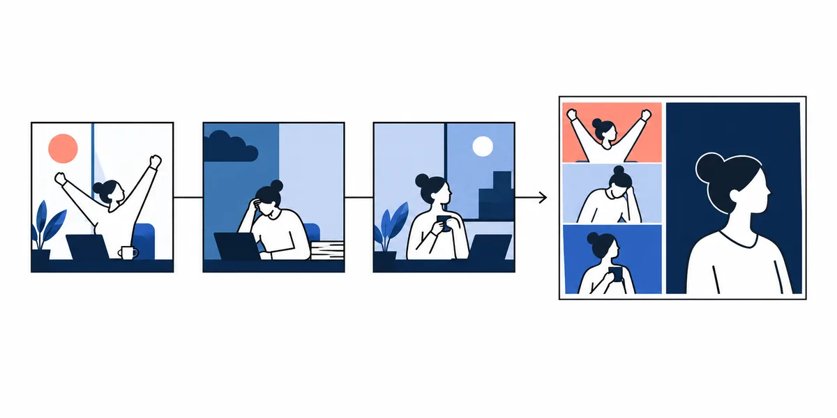 Three laptop scenes show people in different poses, connected by an arrow to a panel with four portraits.