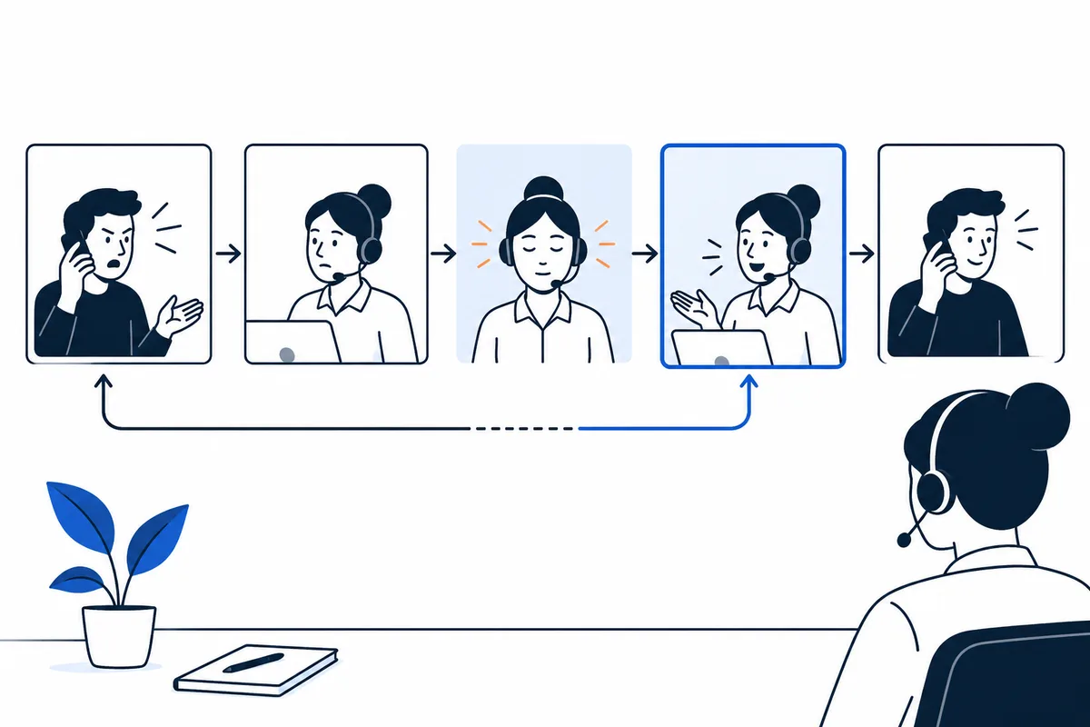A five-panel sequence shows a tense phone caller, a concerned headset-wearing worker, the worker pausing with eyes closed, then speaking calmly as the caller smiles.