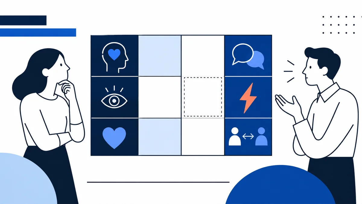 Two outlined people face a central grid of symbols, including a heart, eye, speech bubbles, lightning bolt, and paired figures, in navy and blue.